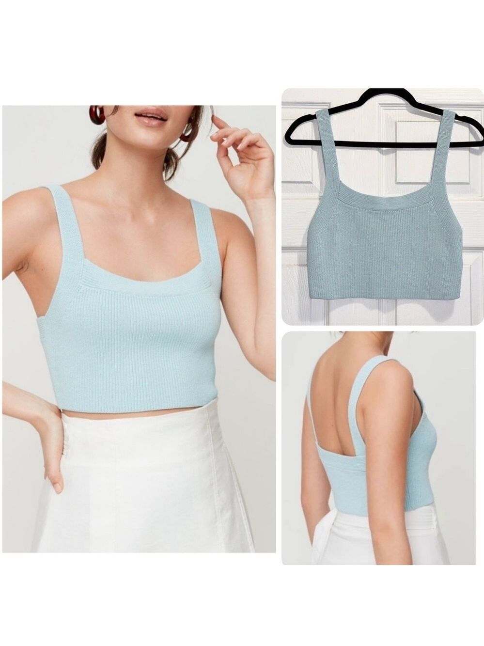 Aritzia Wilfred San Clemente Top Cropped Knit Tank Top Light Blue Size Small